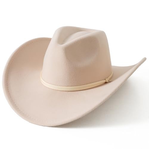 Lanzom Women Men Retro Felt Wide Brim Western Cowboy Cowgirl Hat Dress Up Hat with Wind Lanyard (Beige,Medium-Large) - Image 4