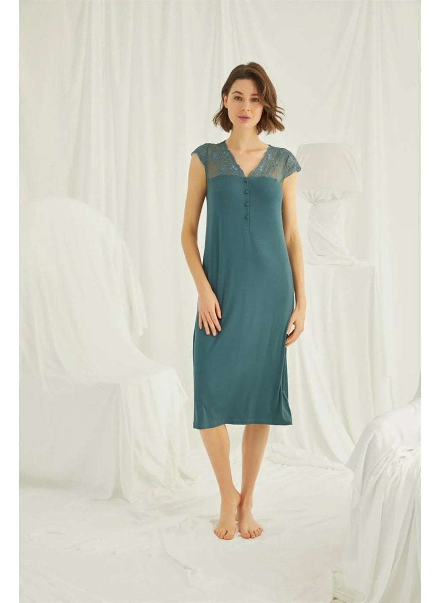 Monamise Women's Green Lace Buttoned Collar Nightgown 19304  - Image 2