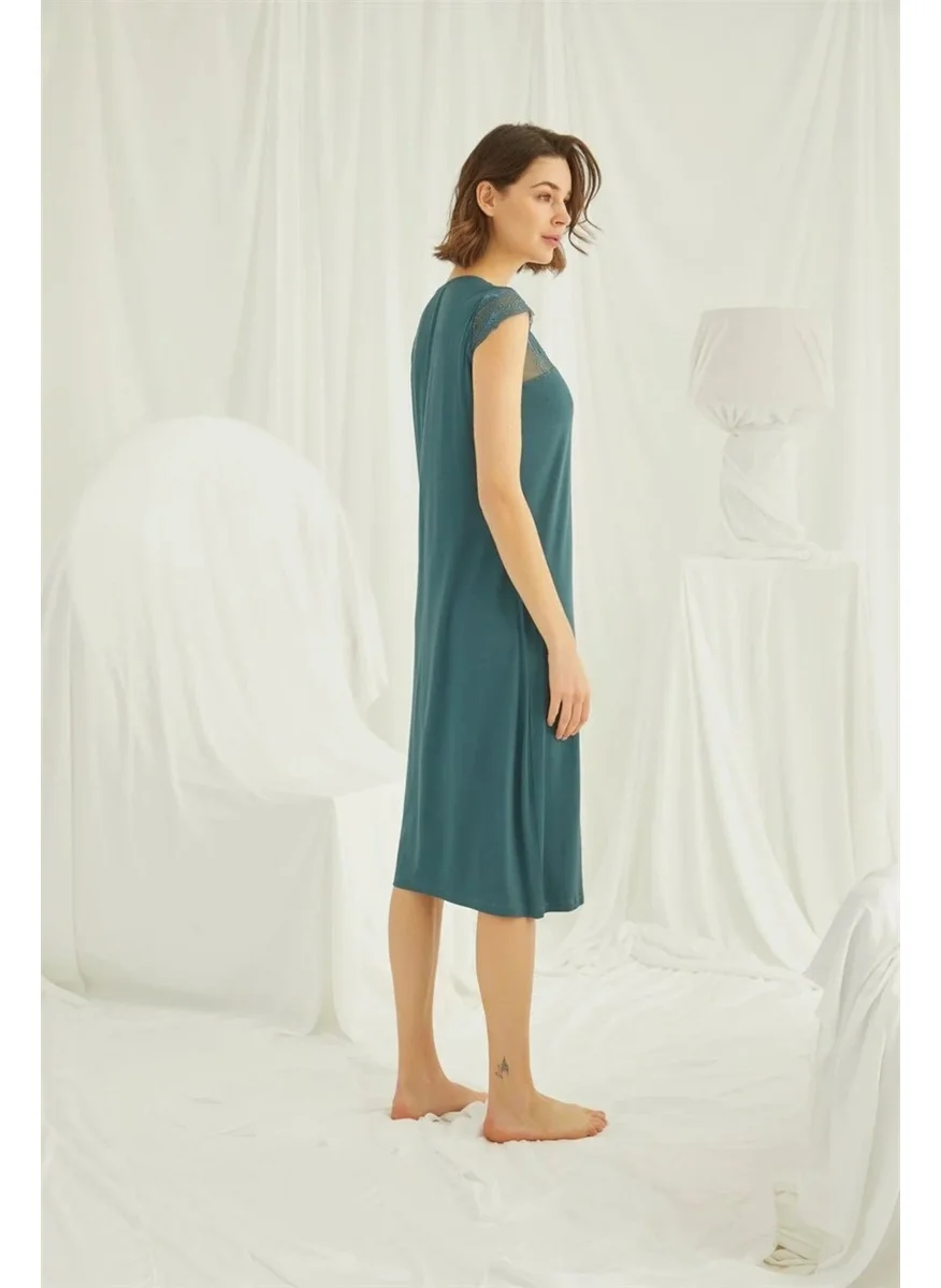 موناميسي Women's Green Lace Buttoned Collar Nightgown 19304