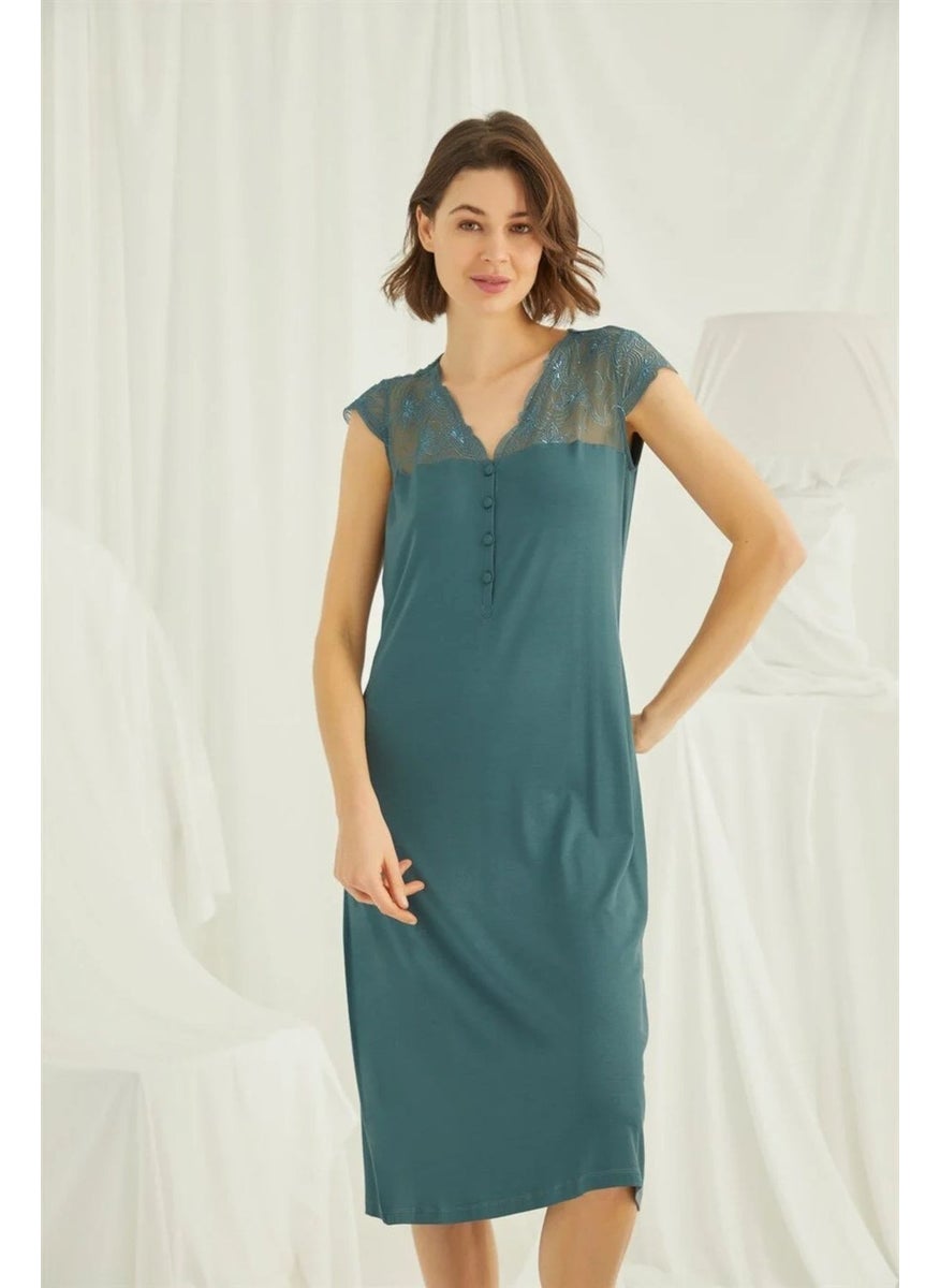 Monamise Women's Green Lace Buttoned Collar Nightgown 19304  - Image 3