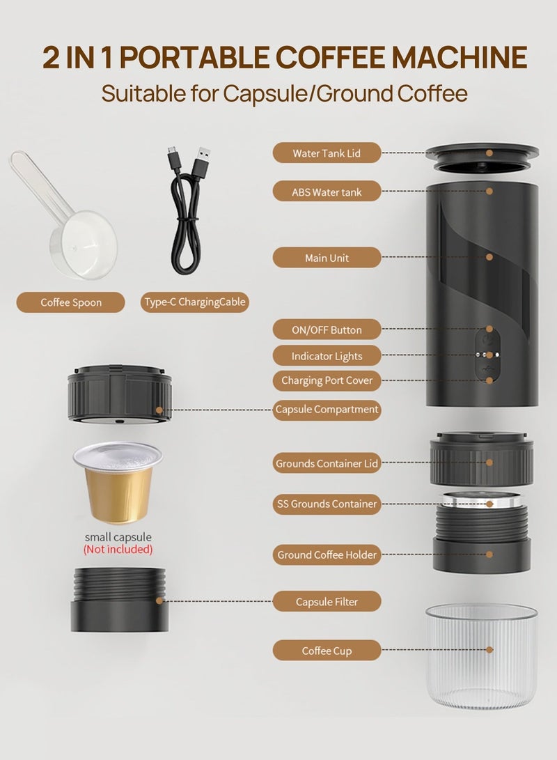 Brutelle Portable Espresso Coffee Machine 20Bar | Dual Brewing: Capsule & Ground Coffee｜ Type-C Fast Charging｜Rechargeable 1500mAh (60 Cups)  | IPX5 Waterproof｜Ideal for Travel/Camping/Office/Coffee Corner (Heating Function Not Included) - Image 5