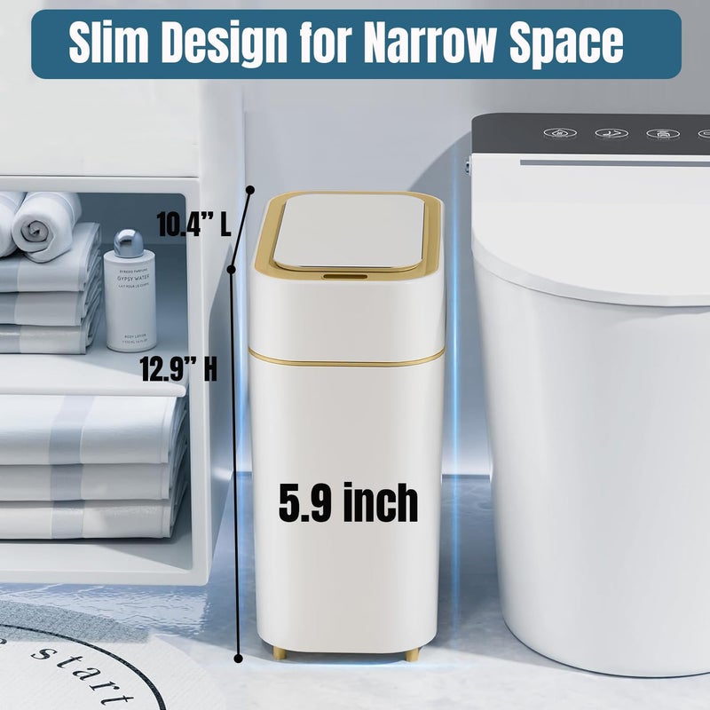 LALASTAR 2-Pack Automatic Bathroom Trash Can with Lid, Slim Motion Sensor Garbage Can, Waterproof Touchless Trash Bin, Smart Trashcan for Bedroom, Living Room, Narrow Space, 2.3 Gallon, White+Gold Trim - Image 2