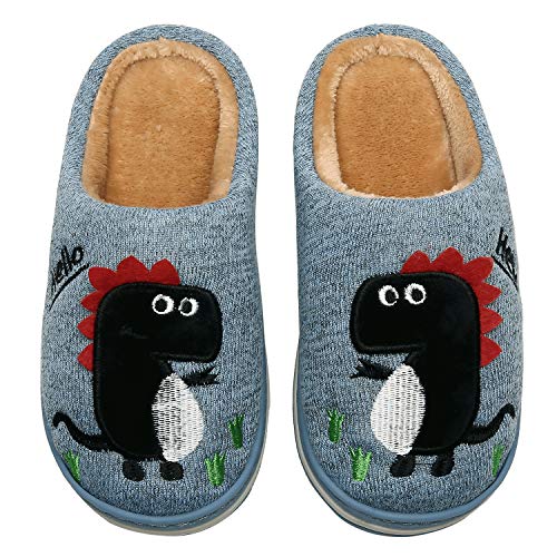 INMINPIN Boys Girls Cozy House Slippers Warm Plush Winter Cotton Slipper Kids Cute Dinosaur Indoor Shoes Non-Slip,Blue,3/4 Big Kid - Image 2