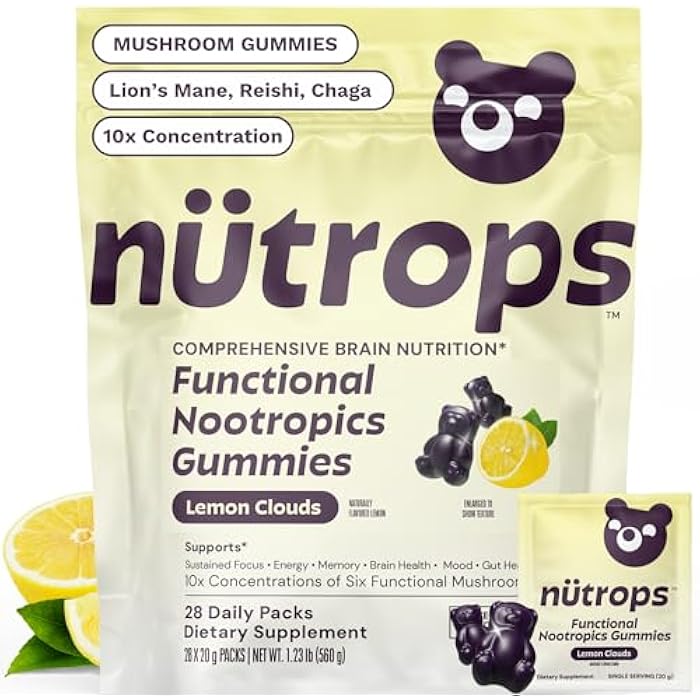 Grüns Nutrops Lions Mane Mushroom Gummies for Adults, Functional Nootropics, Herbal Brain Supplement for Energy, Brain Health, Cognitive, Memory & Focus, Reishi, Chaga, Cordyceps, Coriolus, 28 Count - Image 1