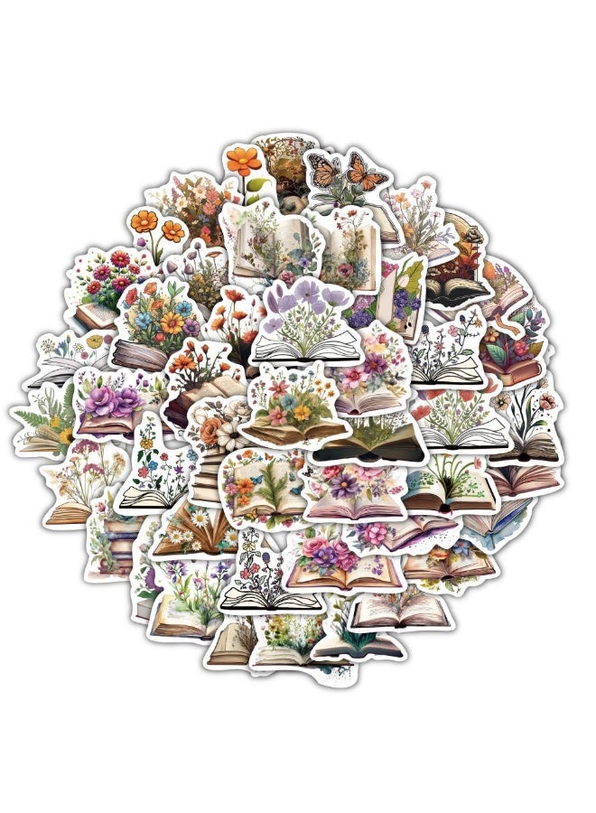 NIBEMINENT 60 Pcs Flowers Growing From Books Deco Kit Waterproof Stickers, High Definition Printing Bright Colors, Suitable for Laptop Skateboard Luggage Water Bottle Guitar DIY - Image 1