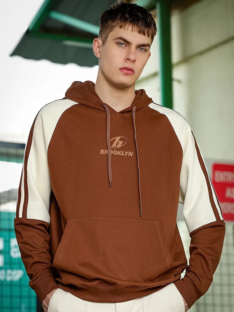 مانياك Maniac Mens Printed Full Sleeve Brown and Cream Fleece Hood Sweatshirt