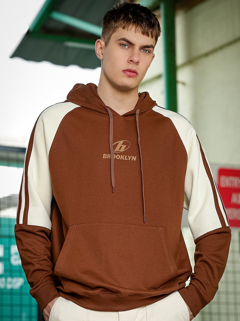 Maniac Mens Printed Full Sleeve Brown and Cream Fleece Hood Sweatshirt - Image 1