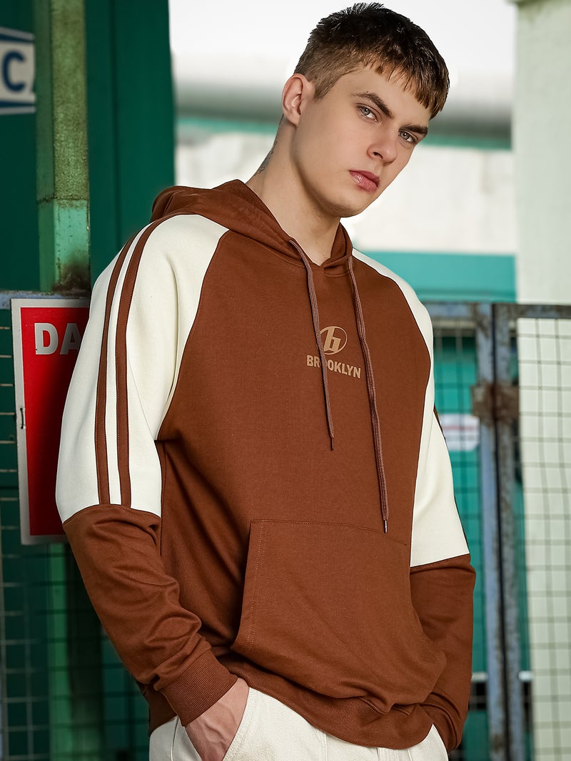 Maniac Mens Printed Full Sleeve Brown and Cream Fleece Hood Sweatshirt - Image 5
