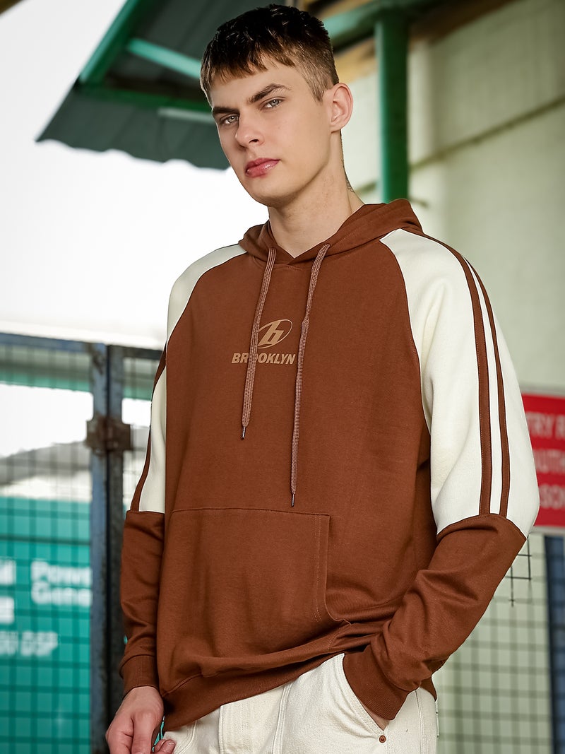 Maniac Mens Printed Full Sleeve Brown and Cream Fleece Hood Sweatshirt - Image 4