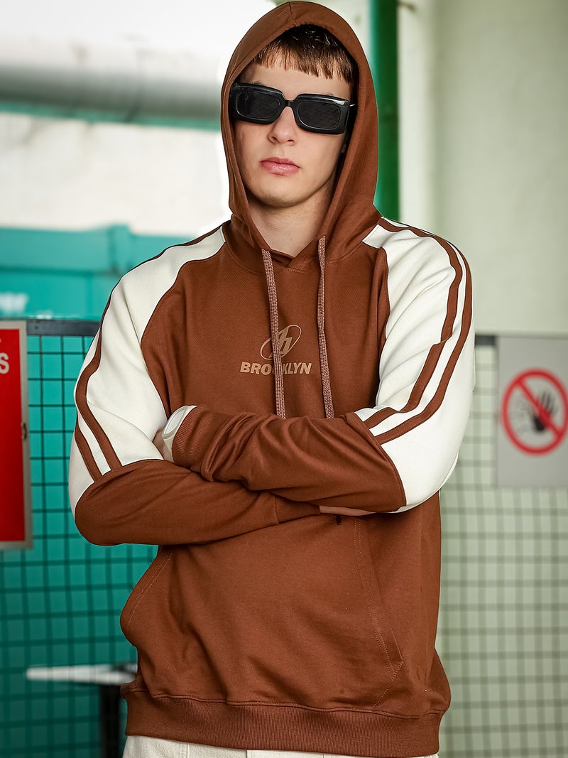 Maniac Mens Printed Full Sleeve Brown and Cream Fleece Hood Sweatshirt - Image 3