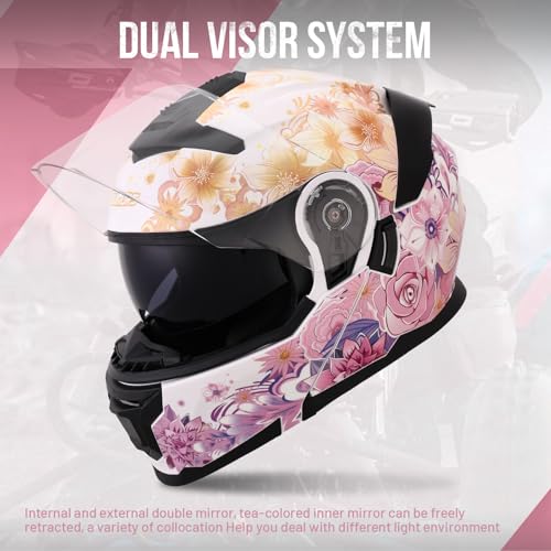 OUMURS Pink Modular Motorcycle Helmets Full Face Flip up Street Bike Motorcycle Helmet for Unisex Adult Flower Sea - M - Image 2