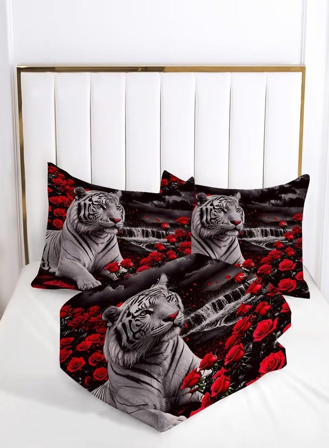 VTKON Kids Tiger Comforter Set Full Size, White Tiger Wild Animal 3 Pcs Bedding for Kids and Adults Beautiful 3D Red Rose Flower and Tiger Print Soft Comforter Set for Bedroom Bed Decor - Image 3