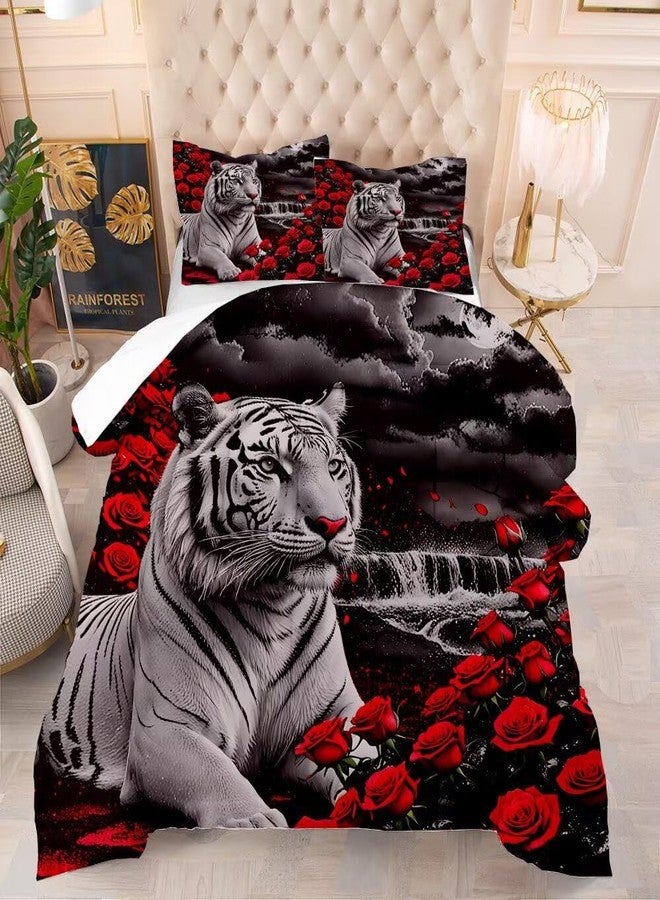 VTKON Kids Tiger Comforter Set Full Size, White Tiger Wild Animal 3 Pcs Bedding for Kids and Adults Beautiful 3D Red Rose Flower and Tiger Print Soft Comforter Set for Bedroom Bed Decor - Image 1