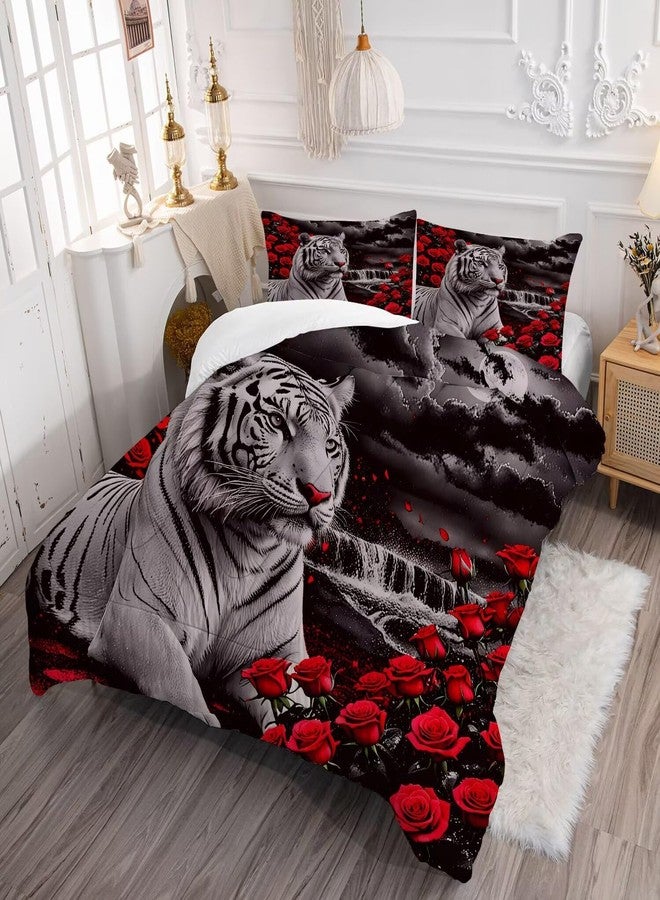 VTKON Kids Tiger Comforter Set Full Size, White Tiger Wild Animal 3 Pcs Bedding for Kids and Adults Beautiful 3D Red Rose Flower and Tiger Print Soft Comforter Set for Bedroom Bed Decor - Image 2