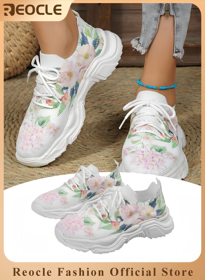 REOCLE Women's Sneakers Floral Printed Sneakers Lace-up Mesh Breathable Shoes Casual Lightweight Tennis Shoes for Running & Walking - Image 1