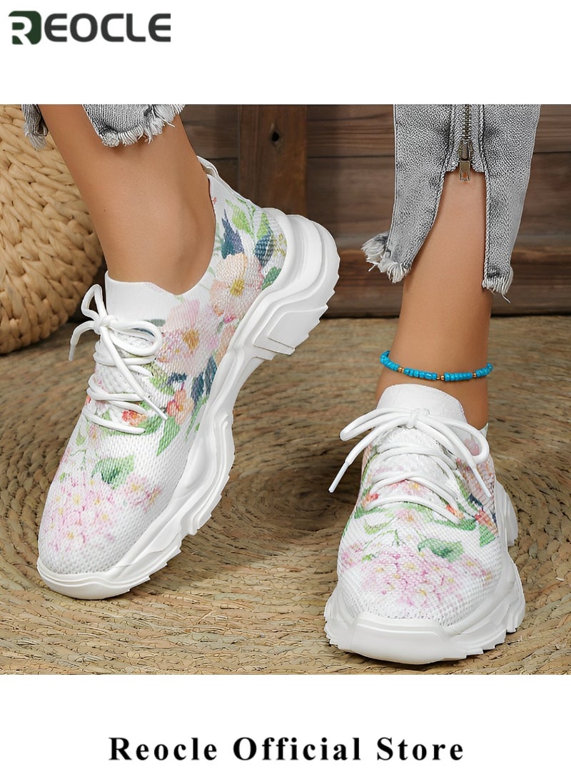 REOCLE Women's Sneakers Floral Printed Sneakers Lace-up Mesh Breathable Shoes Casual Lightweight Tennis Shoes for Running & Walking - Image 2