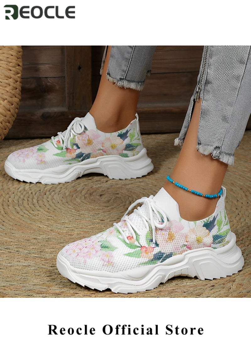 REOCLE Women's Sneakers Floral Printed Sneakers Lace-up Mesh Breathable Shoes Casual Lightweight Tennis Shoes for Running & Walking - Image 5