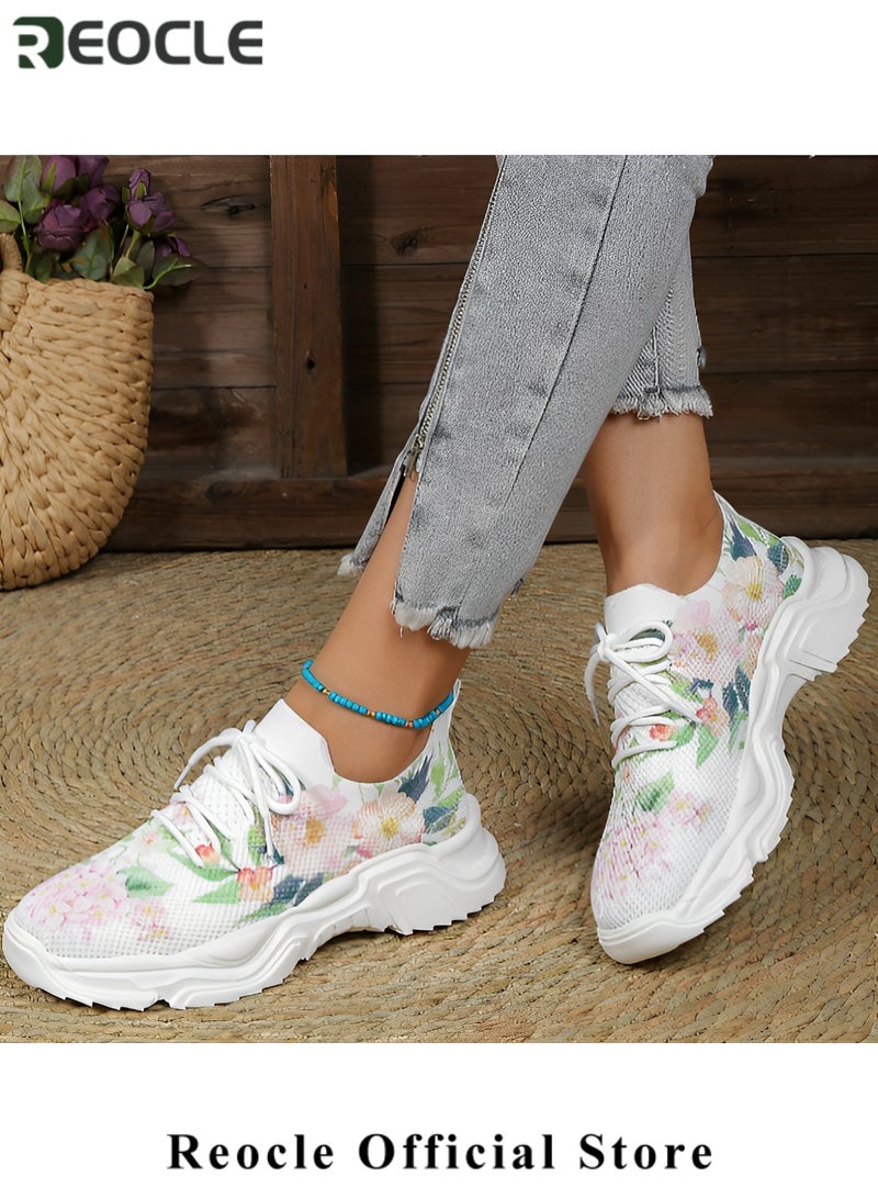 REOCLE Women's Sneakers Floral Printed Sneakers Lace-up Mesh Breathable Shoes Casual Lightweight Tennis Shoes for Running & Walking - Image 3