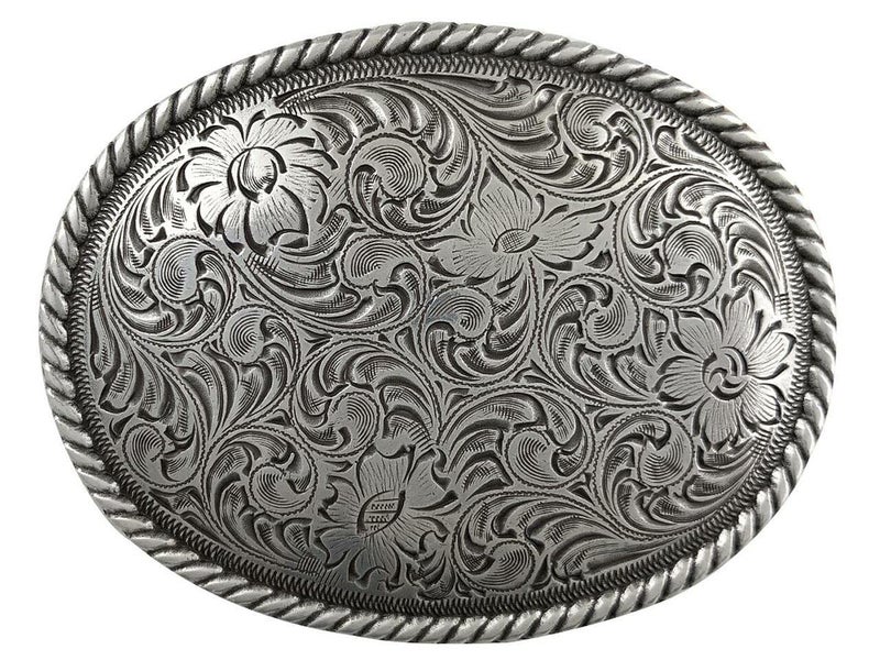 Belts.com H8136 Western Floral Engraved Pattern Rope Edged Belt Buckle Fits 1-1/2"(38mm) Belt (Antique Silver) - Image 1