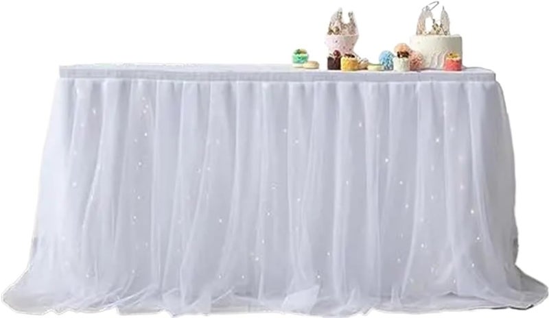 Table Skirt Tulle table skirt high-end gold-rimmed mesh wedding New Year's party decoration hotel supplies mesh table skirt table cover for Rectangle or Round Table(D,9FT(275cmx77cm)) - Image 1