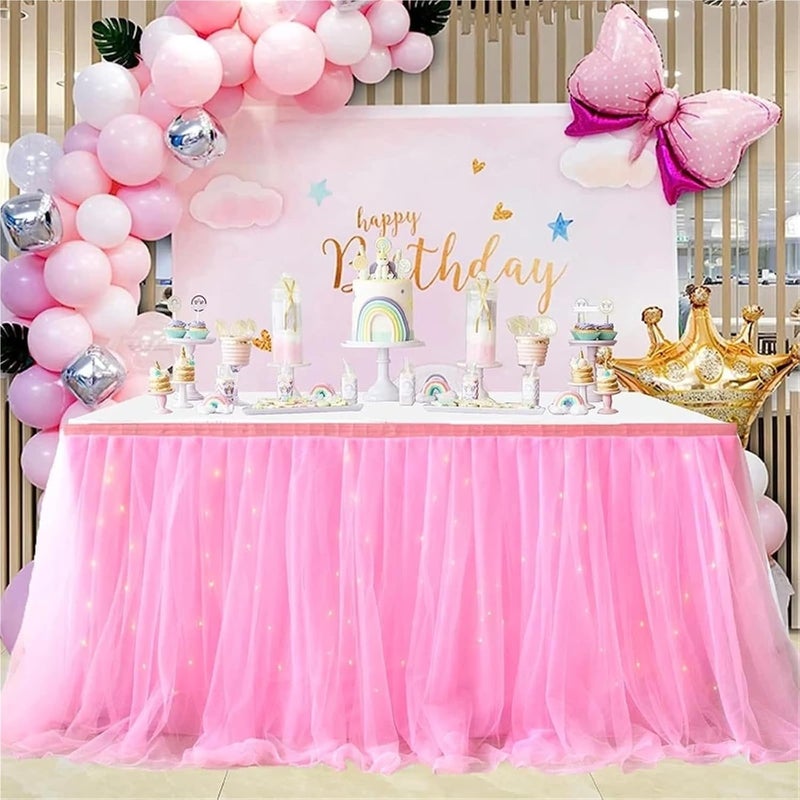 Table Skirt Tulle table skirt high-end gold-rimmed mesh wedding New Year's party decoration hotel supplies mesh table skirt table cover for Rectangle or Round Table(D,9FT(275cmx77cm)) - Image 5