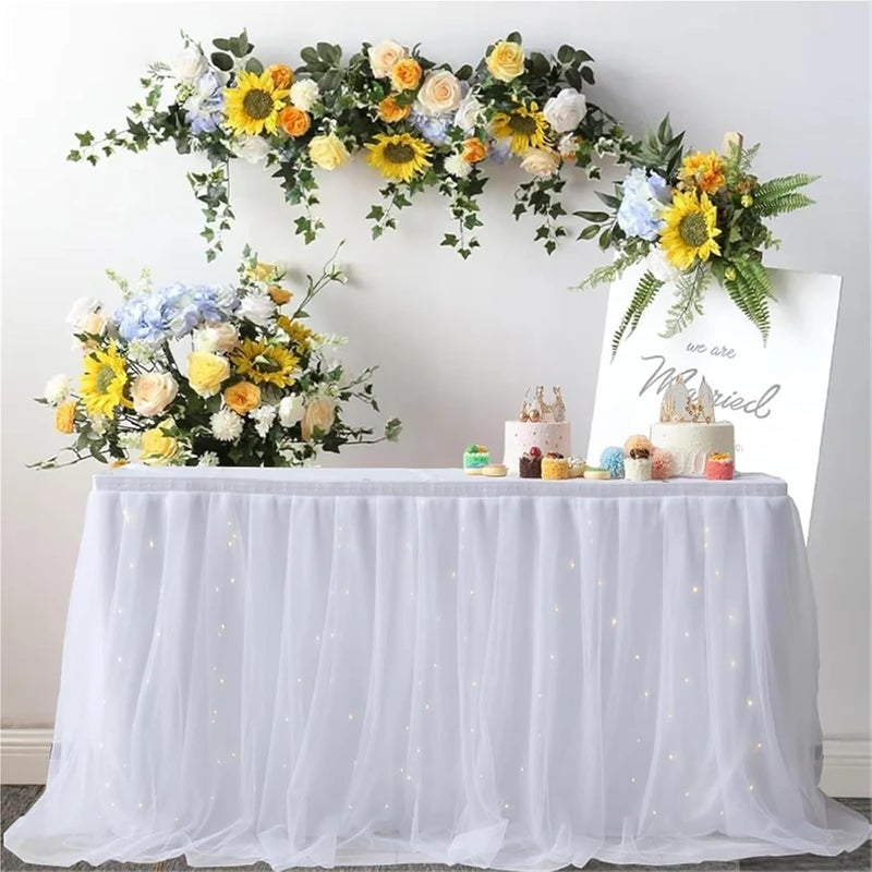 Table Skirt Tulle table skirt high-end gold-rimmed mesh wedding New Year's party decoration hotel supplies mesh table skirt table cover for Rectangle or Round Table(D,9FT(275cmx77cm)) - Image 2