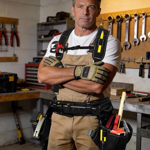 KUNN Tool Belt with Suspenders Professional Framer's Construction Rig with Suspenders and 22 Pockets for Carpenter, Electrician, Roofing,Black - Image 2