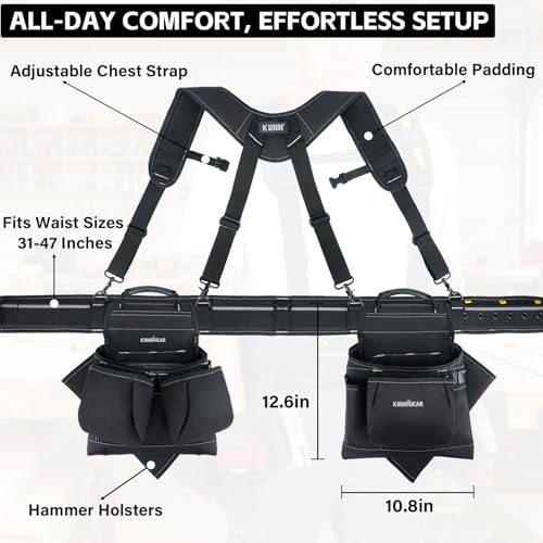 KUNN Tool Belt with Suspenders Professional Framer's Construction Rig with Suspenders and 22 Pockets for Carpenter, Electrician, Roofing,Black - Image 3