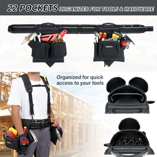 KUNN Tool Belt with Suspenders Professional Framer's Construction Rig with Suspenders and 22 Pockets for Carpenter, Electrician, Roofing,Black - Image 5