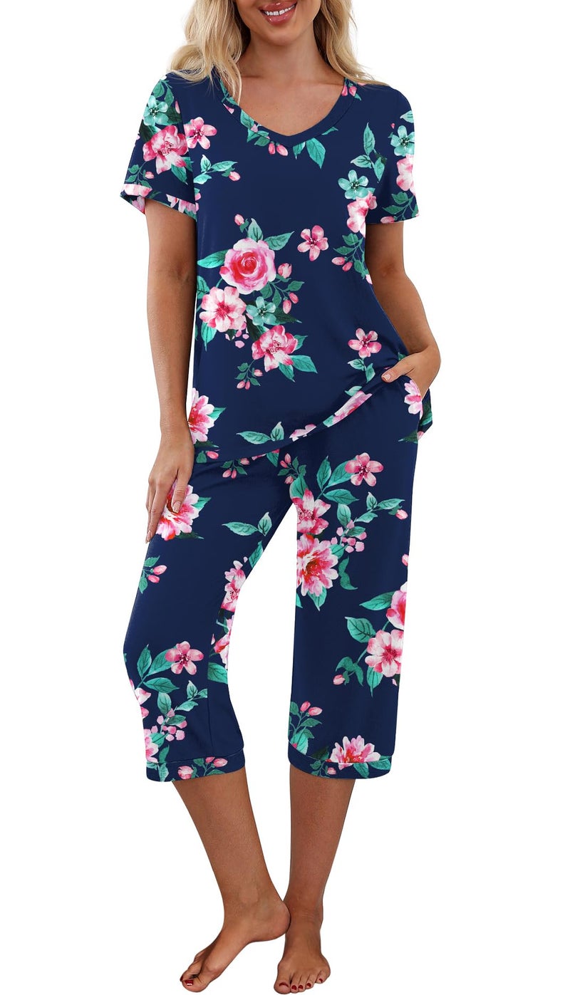 PrinStory Women's Pajama Set Short Sleeve Shirt and Capri Pants Sleepwear Pjs Sets with Pockets FP-Navy Blue-Large - Image 1