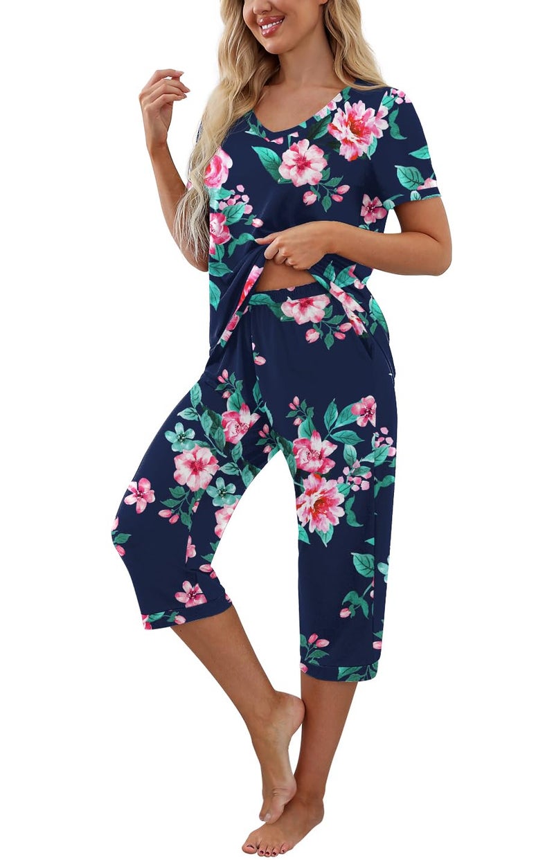 PrinStory Women's Pajama Set Short Sleeve Shirt and Capri Pants Sleepwear Pjs Sets with Pockets FP-Navy Blue-Large - Image 3