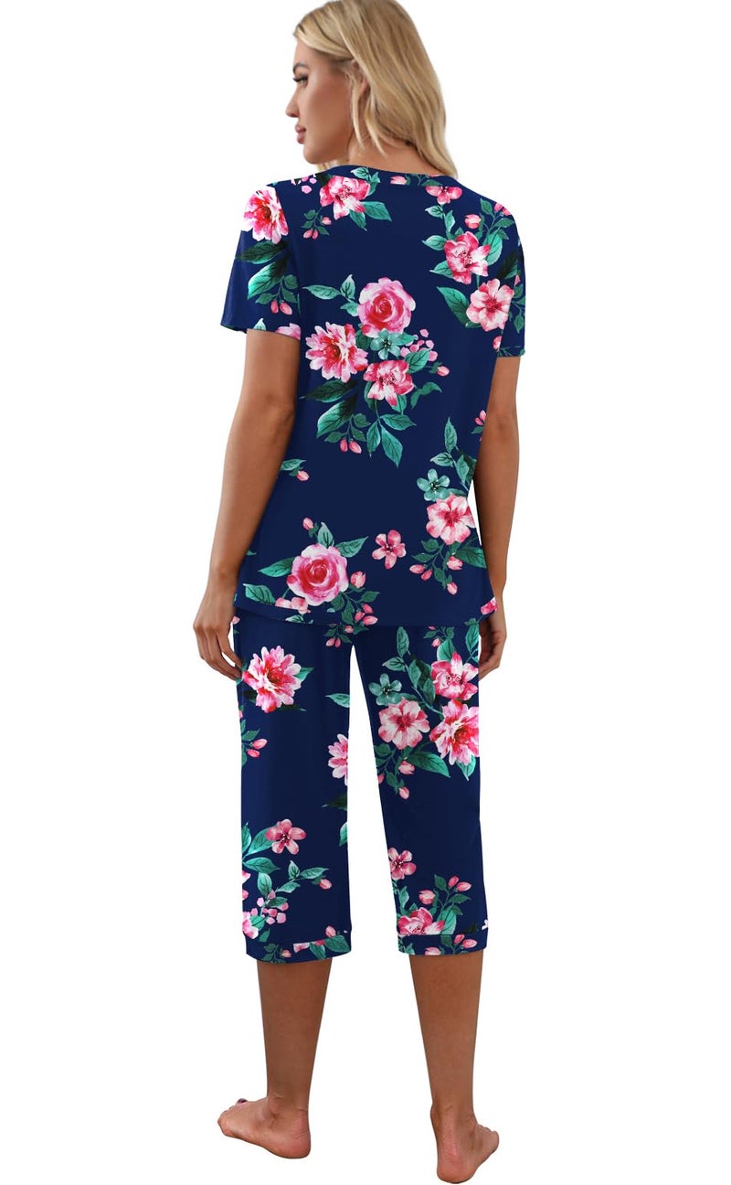 PrinStory Women's Pajama Set Short Sleeve Shirt and Capri Pants Sleepwear Pjs Sets with Pockets FP-Navy Blue-Large - Image 5