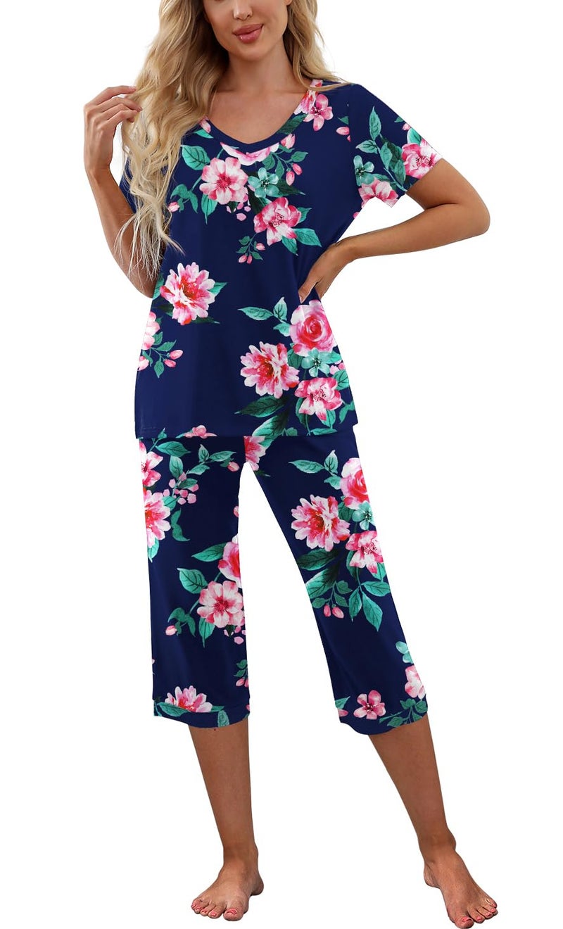 PrinStory Women's Pajama Set Short Sleeve Shirt and Capri Pants Sleepwear Pjs Sets with Pockets FP-Navy Blue-Large - Image 2