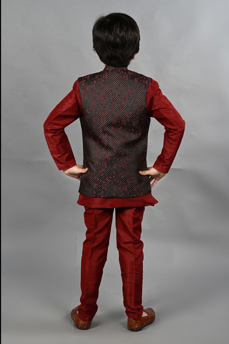 AHHAAAA Kids Ethnic Silk Blend Waistcoat Kurta Pyjama 3 Piece Sherwani Set For Boys |Maroon 4-5 Years, 540| - Image 3