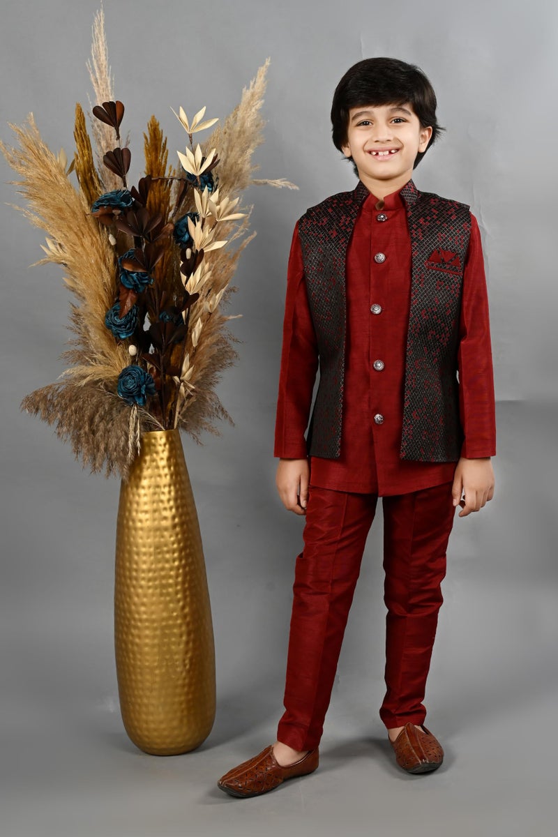 AHHAAAA Kids Ethnic Silk Blend Waistcoat Kurta Pyjama 3 Piece Sherwani Set For Boys |Maroon 4-5 Years, 540| - Image 2
