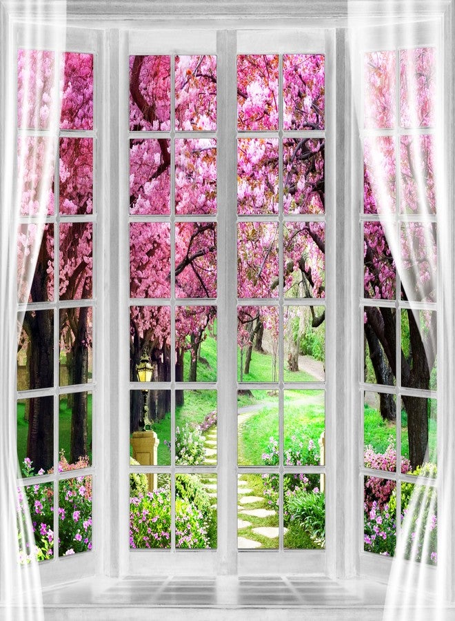 MERCHR Cherry Blossom Backdrop 10 x 8 ft Pink Spring Window Scenery Valentine's Day Phoography Background Garden Flower Tree Backdrop Polyester Banner for Baby Shower Birthday Wedding Photo Shoot Decoration - Image 1