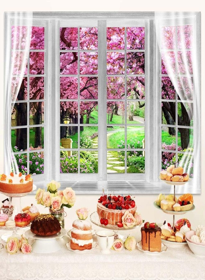 MERCHR Cherry Blossom Backdrop 10 x 8 ft Pink Spring Window Scenery Valentine's Day Phoography Background Garden Flower Tree Backdrop Polyester Banner for Baby Shower Birthday Wedding Photo Shoot Decoration - Image 5