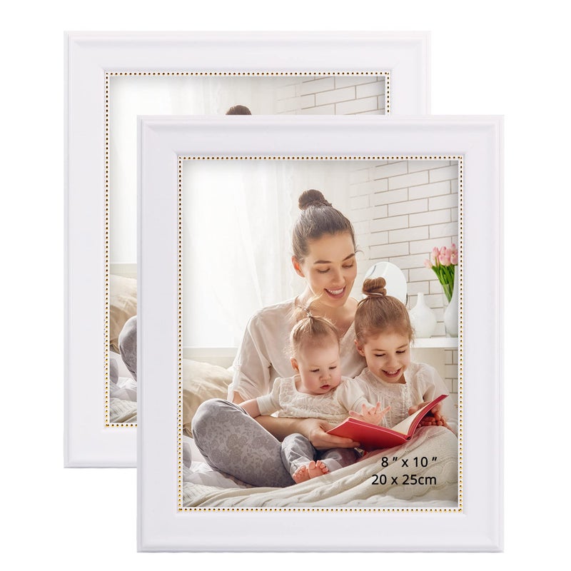 GraduationMall 8x10 Picture Frames Real Glass Display Photos for Wall or Tabletop White with Gold Beads 2Pack