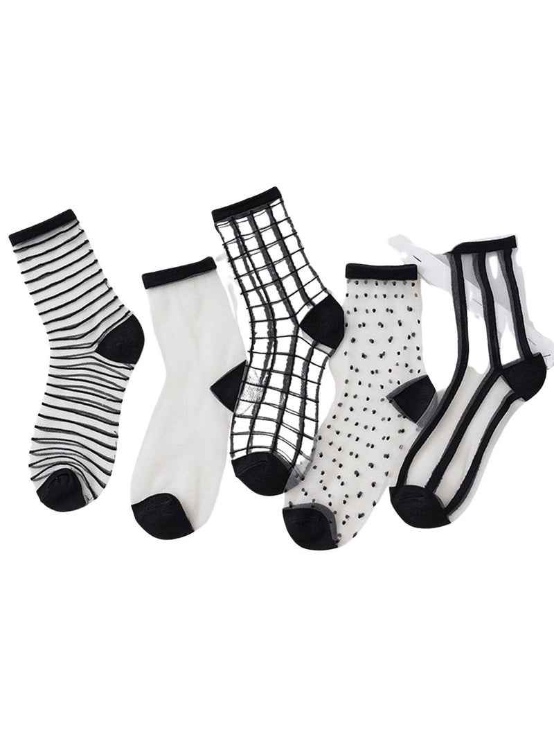 Verdusa Women's 5 Pairs Mesh Crew Socks Black and White One Size - Image 1