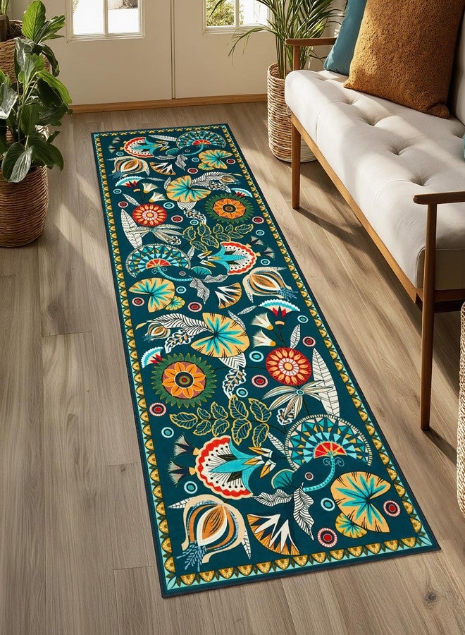 Joydeco Egypt Floral Boho 2x6 Runner Rug for Hallway Entrance, Dark Green Bathroom Kitchen Rug Runner Non Slip Washable, Vintage Ultra-Thin Carpet for Entryway Laundry Room Bed Beside - Image 1