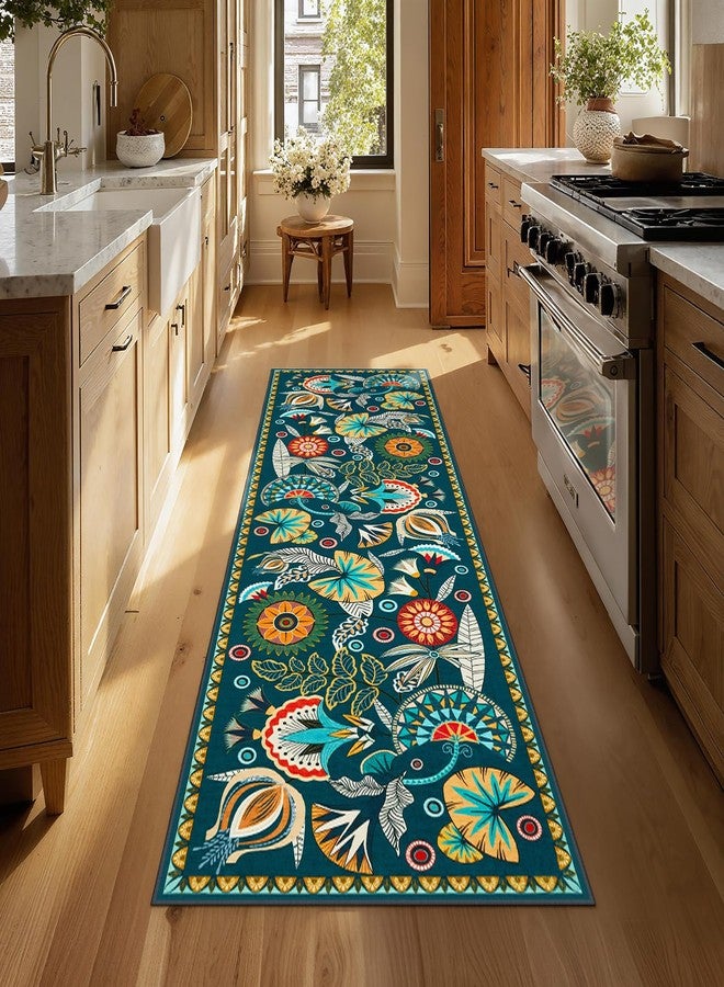 Joydeco Egypt Floral Boho 2x6 Runner Rug for Hallway Entrance, Dark Green Bathroom Kitchen Rug Runner Non Slip Washable, Vintage Ultra-Thin Carpet for Entryway Laundry Room Bed Beside - Image 3