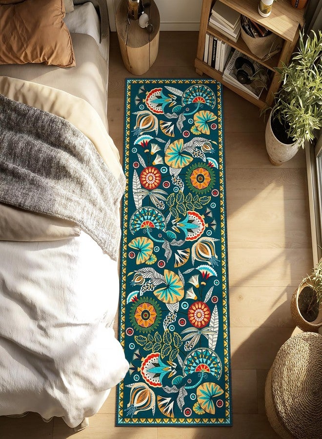 Joydeco Egypt Floral Boho 2x6 Runner Rug for Hallway Entrance, Dark Green Bathroom Kitchen Rug Runner Non Slip Washable, Vintage Ultra-Thin Carpet for Entryway Laundry Room Bed Beside - Image 2