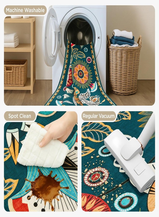 Joydeco Egypt Floral Boho 2x6 Runner Rug for Hallway Entrance, Dark Green Bathroom Kitchen Rug Runner Non Slip Washable, Vintage Ultra-Thin Carpet for Entryway Laundry Room Bed Beside - Image 4