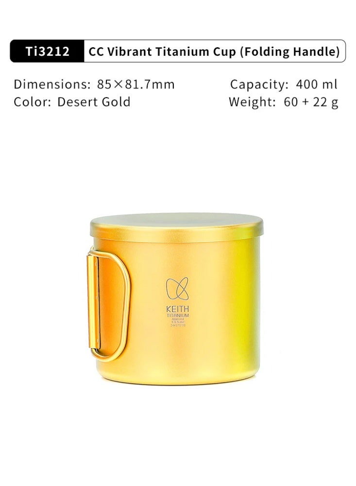 KEITH Titanium Ti3212 CC Vibrant Titanium Cup 400ml, Pure Titanium Camping Mug with Folding Handle and Lid – Desert Gold