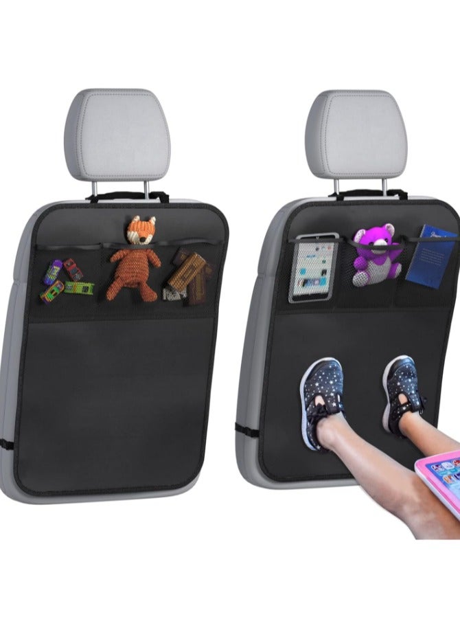 Car seat back protectors with 3 organizational pockets, 2-pack waterproof fabric seat back covers, extra-large rear seat protectors, and a child kick guard for the back seat. - Image 1