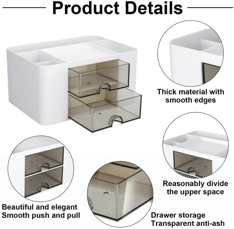 RECLUSE White Desk Organiser, Table Organiser, Desk Organiser with 5 Compartments and 2 Small Drawers Organizer for Home or School, Office Organiser, Small Items Such as Stationery and Remote Control - Image 4