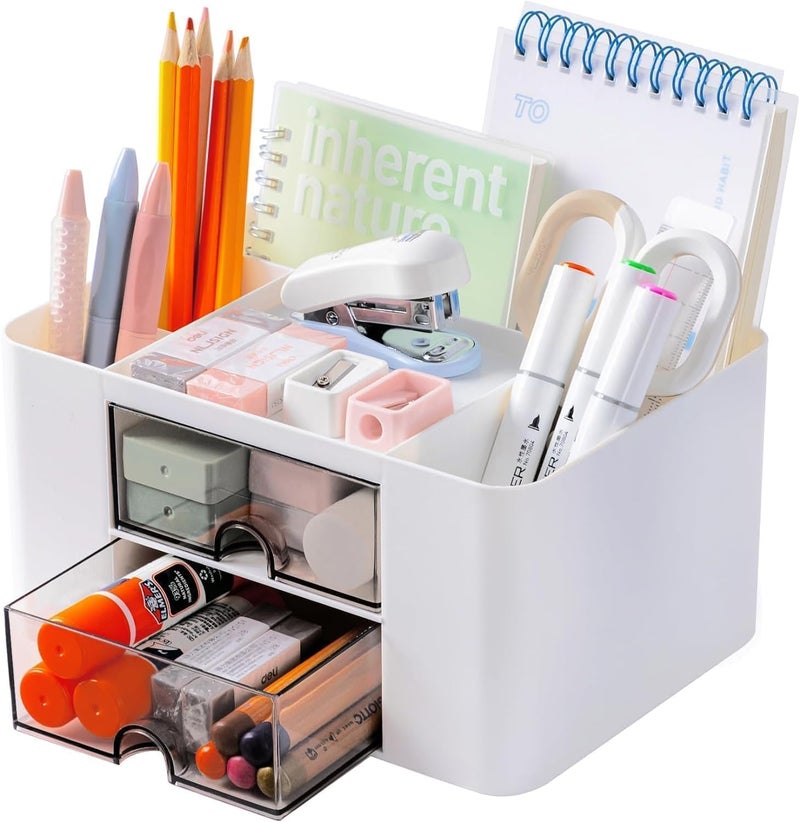 RECLUSE White Desk Organiser, Table Organiser, Desk Organiser with 5 Compartments and 2 Small Drawers Organizer for Home or School, Office Organiser, Small Items Such as Stationery and Remote Control - Image 1