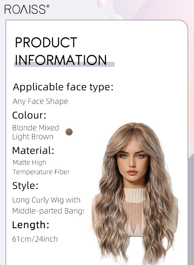 roaiss Long Curly Wig with Middle-parted Bangs for Women, Natural Soft Synthetic Heat Resistant Hair Wig for Wedding Cosplay Party Daily Use, Blonde Mixed Light Brown, 61cm (24 inches)  - Image 2
