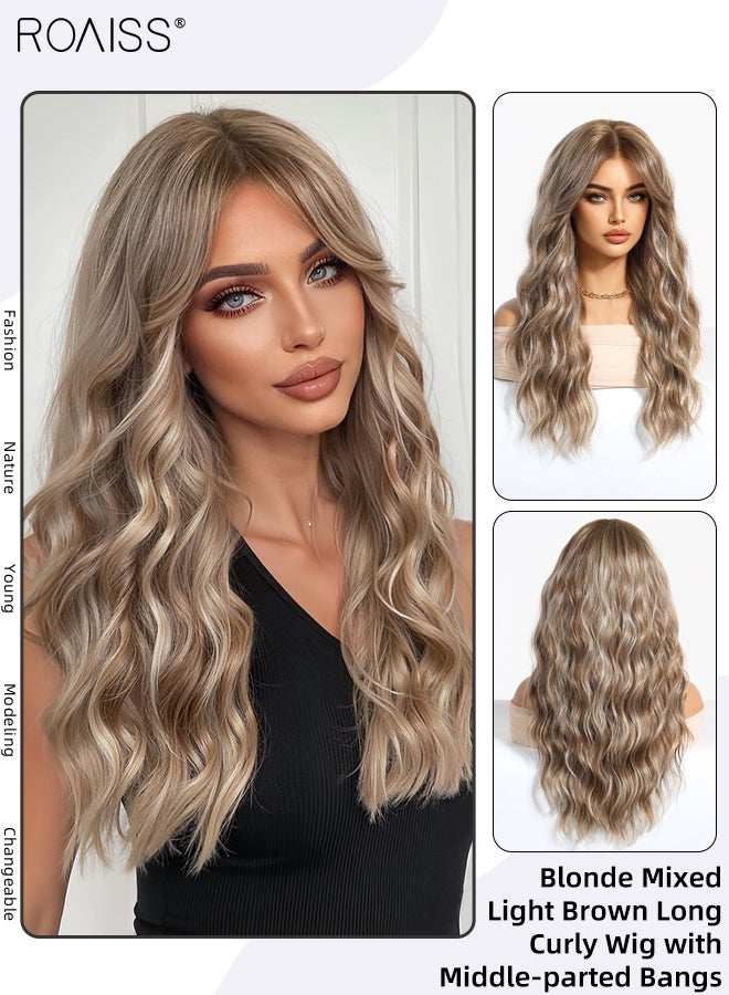 roaiss Long Curly Wig with Middle-parted Bangs for Women, Natural Soft Synthetic Heat Resistant Hair Wig for Wedding Cosplay Party Daily Use, Blonde Mixed Light Brown, 61cm (24 inches)  - Image 1