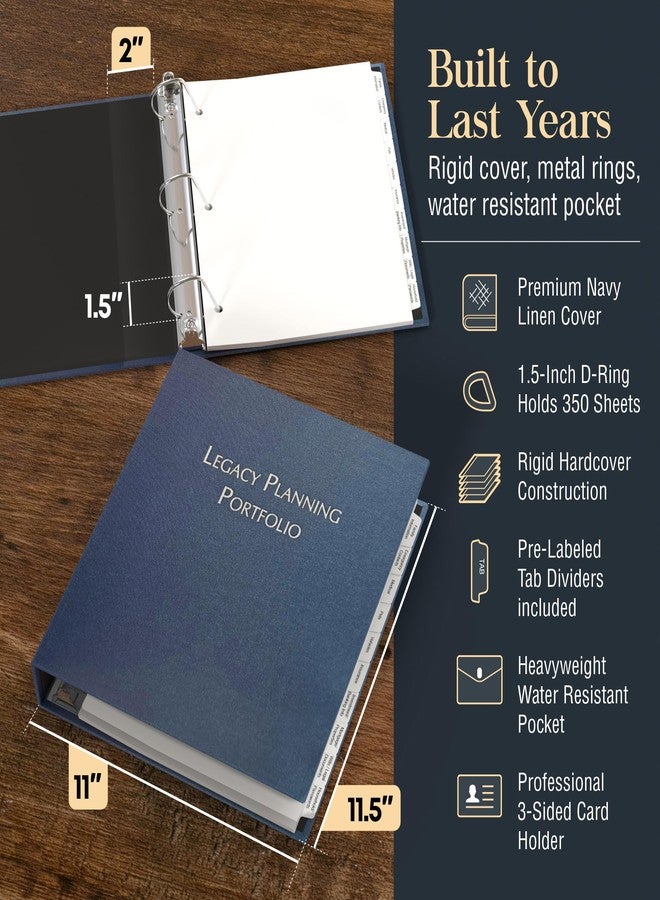 Three Ring Systems Legacy Planning Portfolio - Professional Linen Binder 3 Ring Portfolio Organizer, Legacy Planning Kit with 1.5 Inch Round Ring for Office, Business, or Event Officiant Use - Linen Kit (Navy Linen) - Image 5